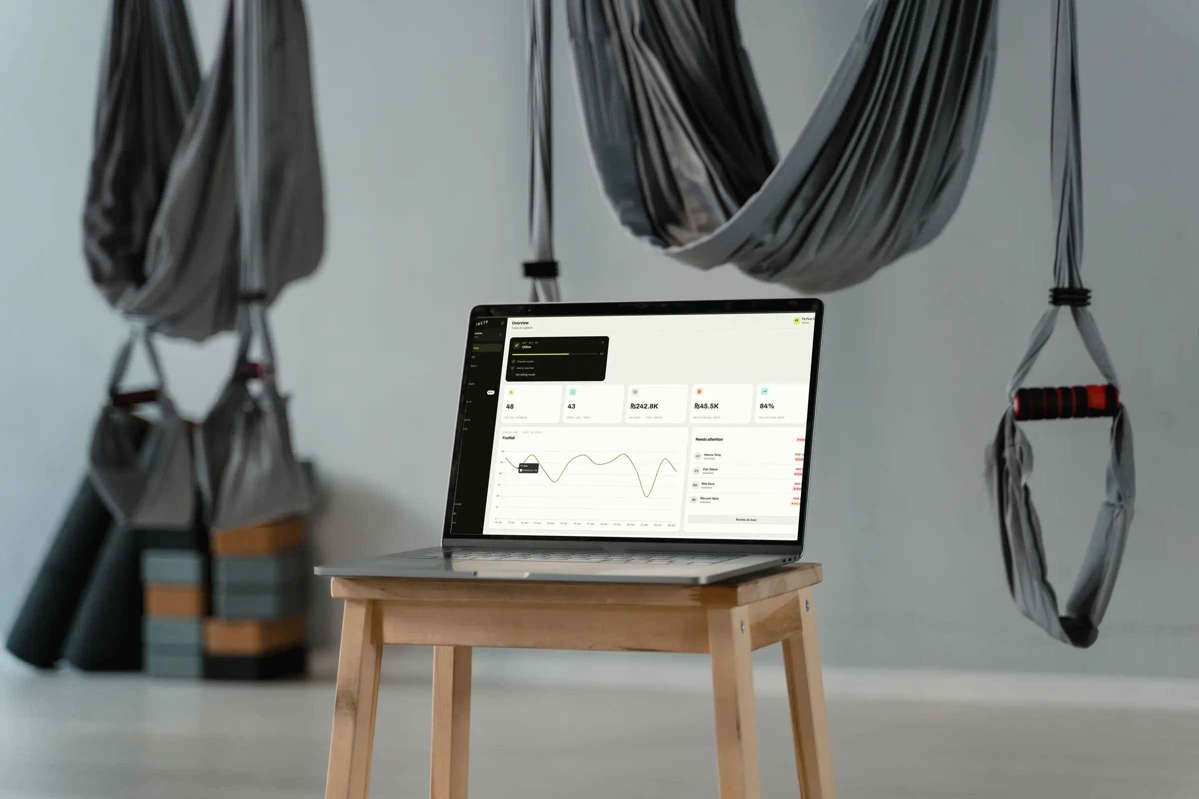 Kineto overview dashboard open on a laptop in a yoga studio